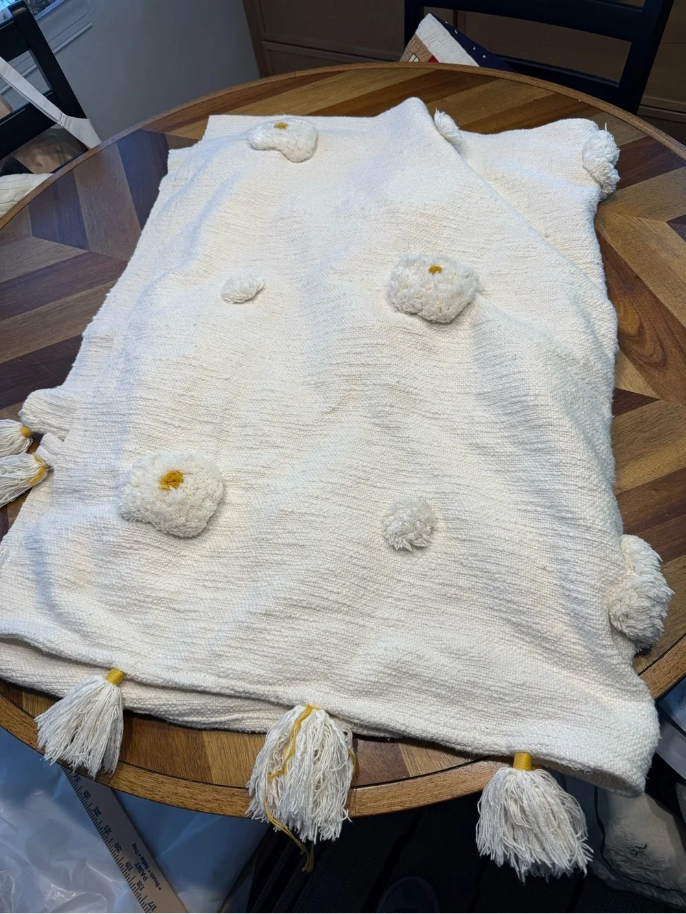 Anthropologie Tufted Amal  Throw Blanket Pom Pom’s with Gold Accents *desc